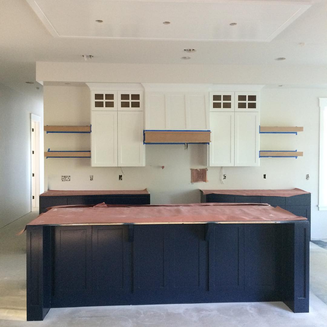 Photo of paint color bm-polo-blue in a Kitchen Cabinets by @thehousethatberrybuilt