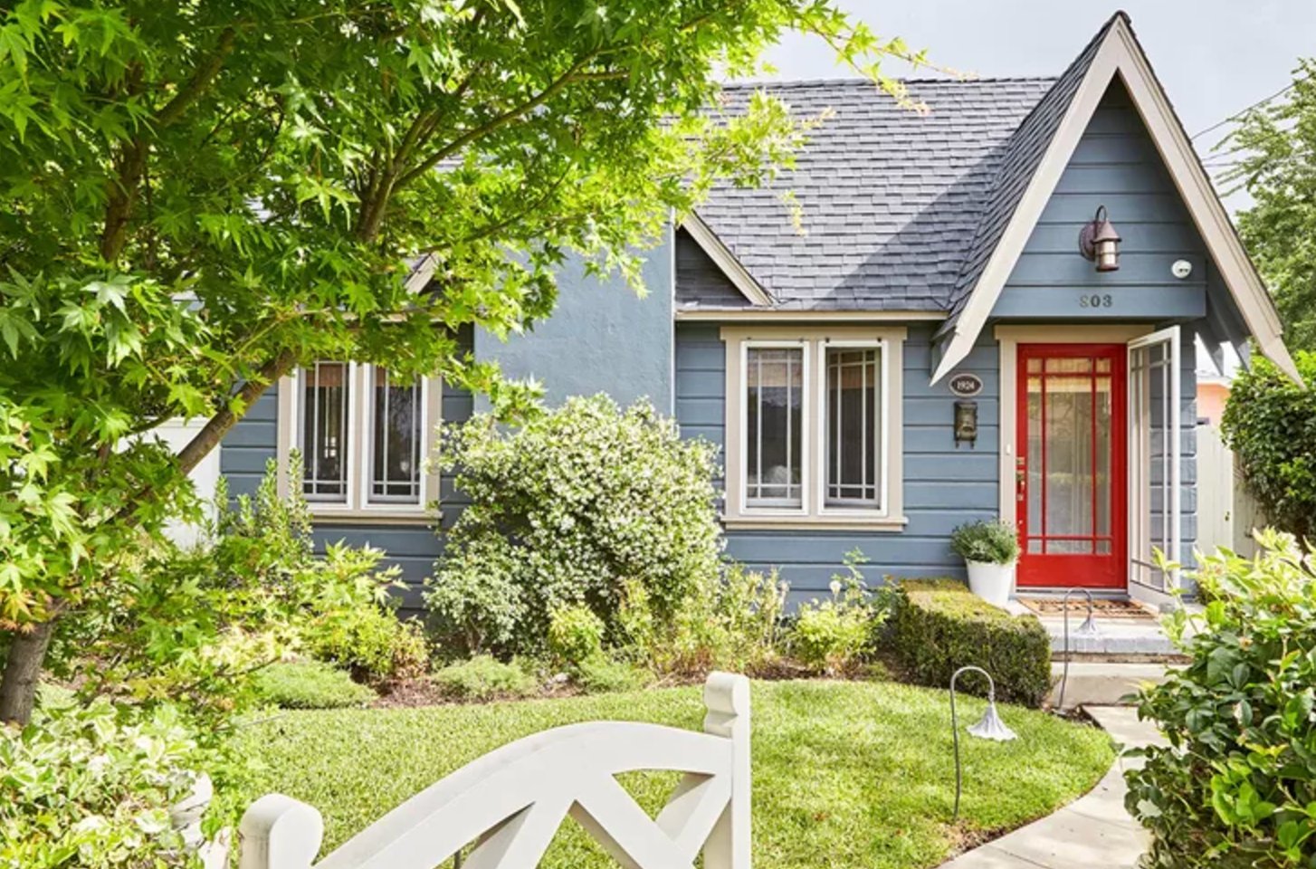 Blue and red house exterior