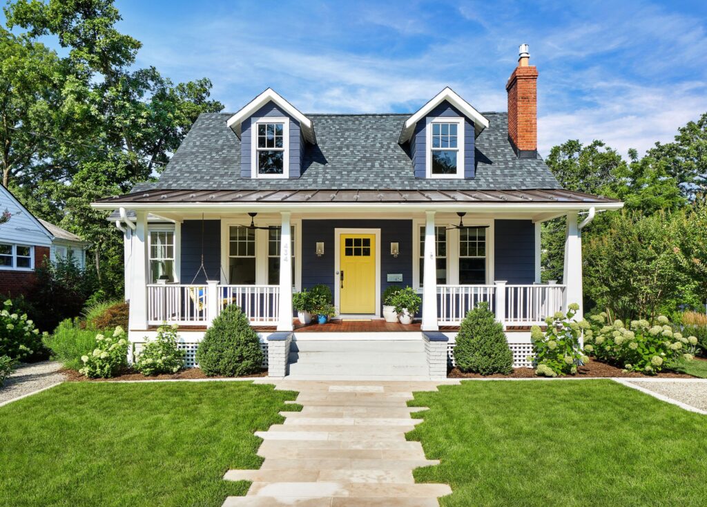 Blue yellow and white house exterior