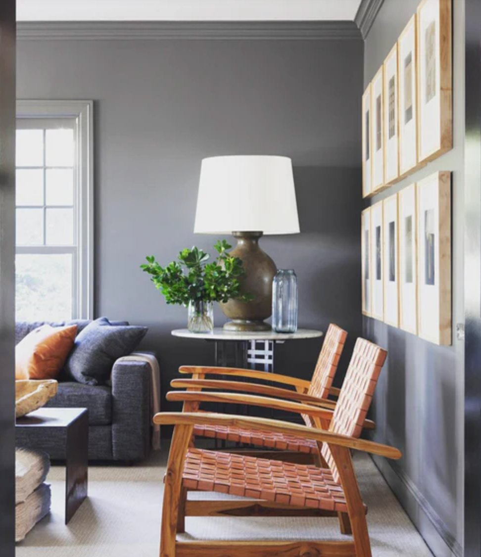 Gray flooring with deep charcoal walls