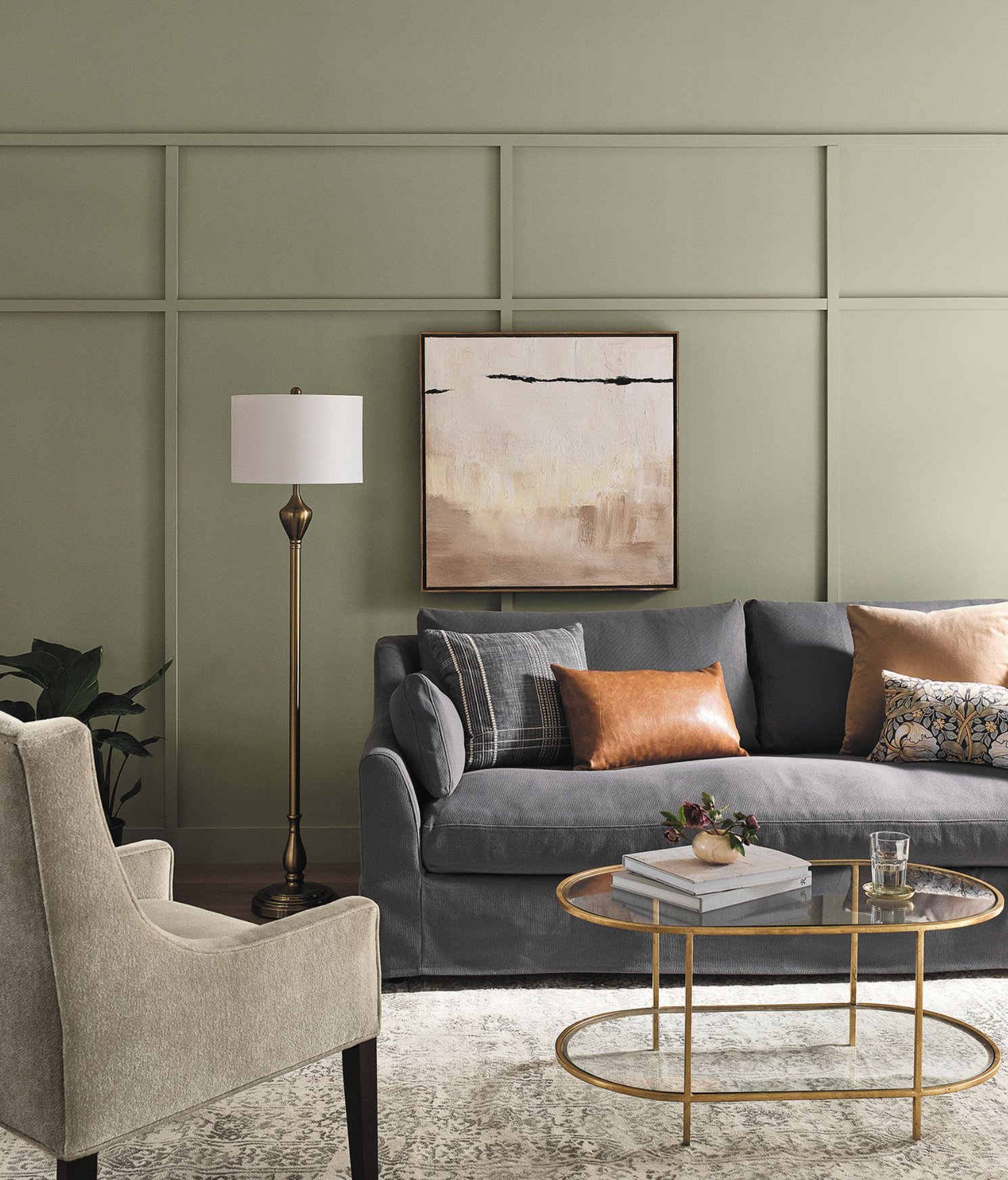 Gray flooring with sage green walls
