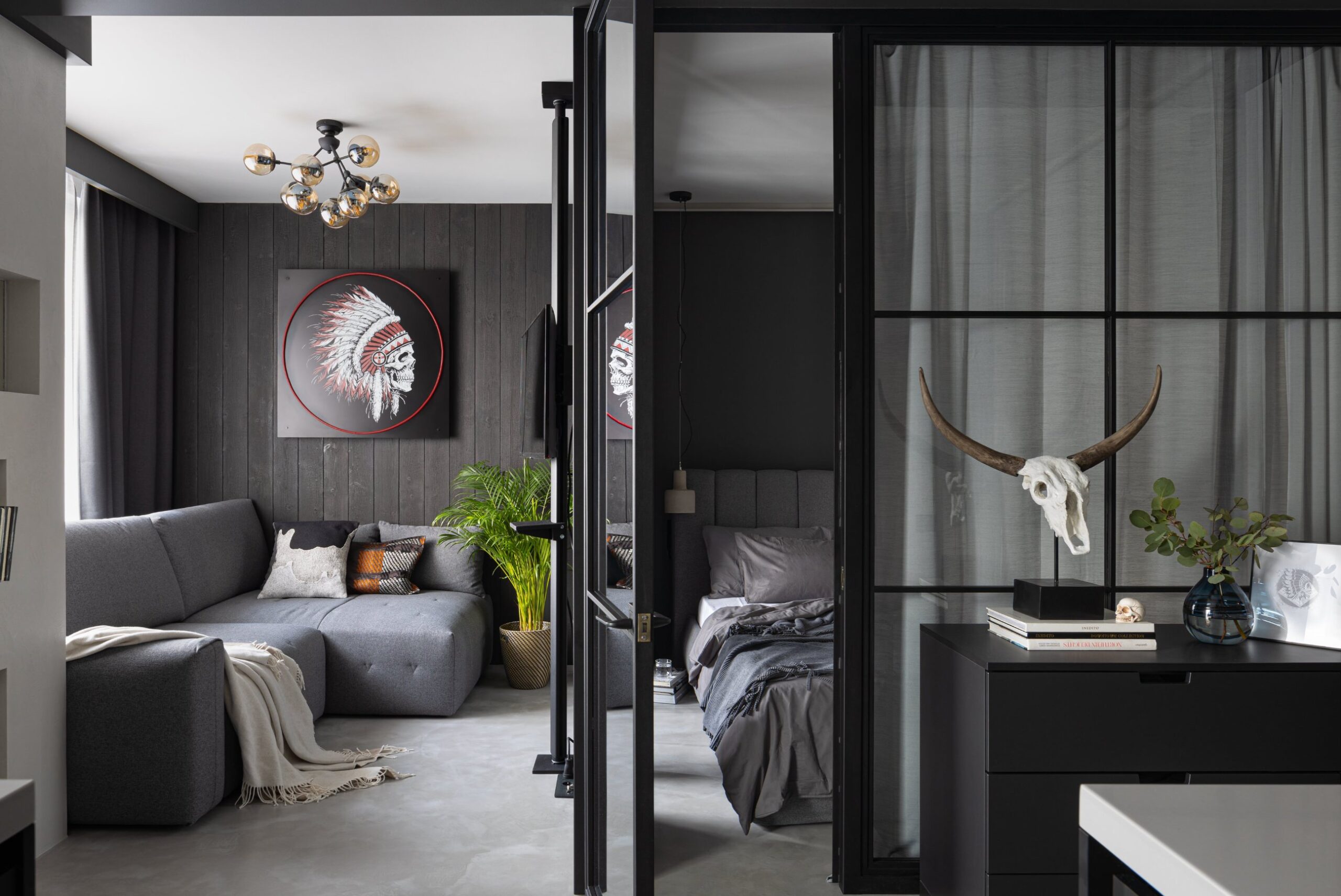 Gray flooring with soft black walls