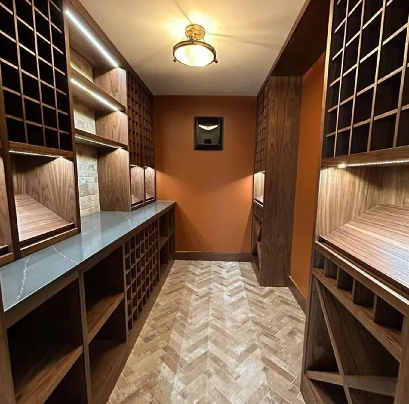 Gray flooring with warm cognac walls