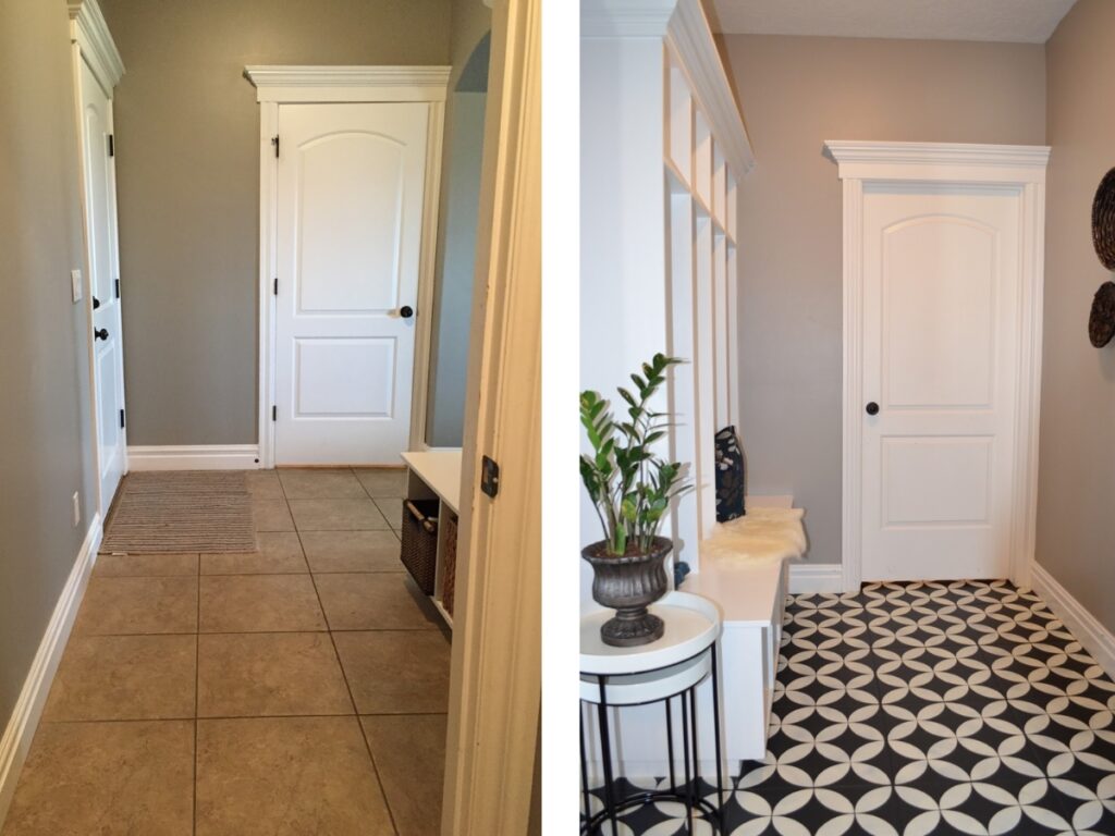 Painted ceramic tiles in mudroom using pattern to mimic cement tiles