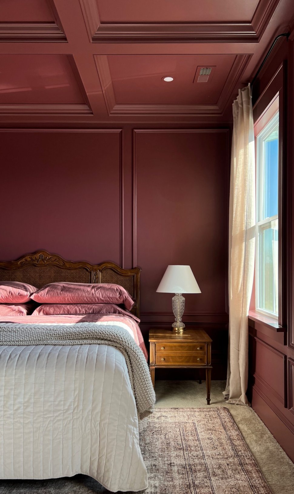 Satin finish on trim, molding, baseboards, coffered ceiling beams
