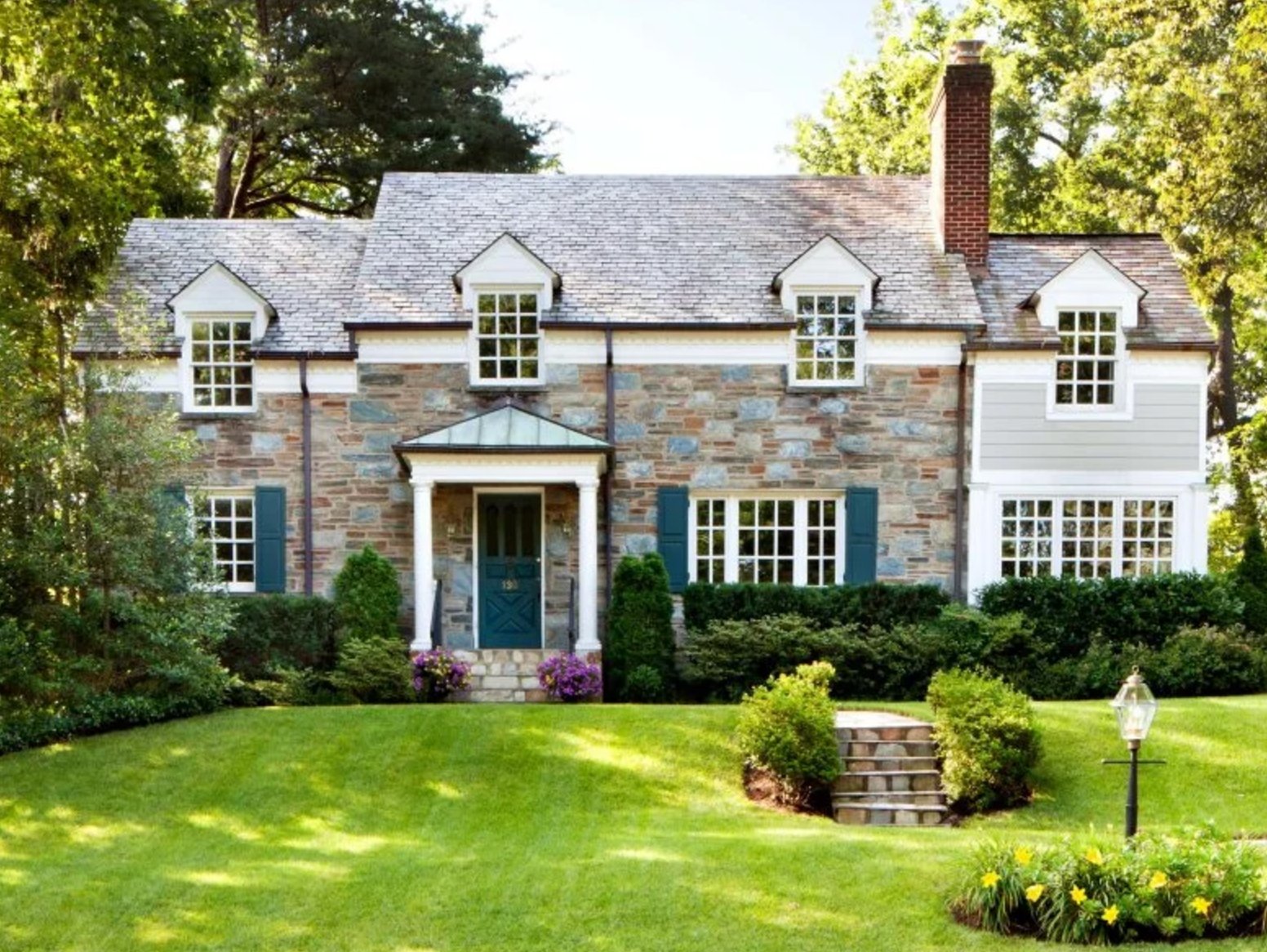 White and dark blue house exterior